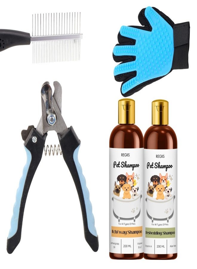 مجموعة ريجيس للعناية بالحيوانات الأليفة، تتضمن شامبو لإزالة الشعر الزائد، وشامبو مضاد للحكة، وقفاز للعناية، ومقص أظافر، ومشط للكلاب، مجموعة من 5 قطع، 200 مل - Image 1